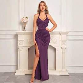 跨境欧美优雅礼服婚纱紫色连衣裙亚马逊气质V领晚礼服