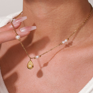Special-Shaped Baroque Freshwater Pearl Clavicle Chain Necklace Stacked Ins Titanium Steel Non-Fading Necklace Water Drop Shape