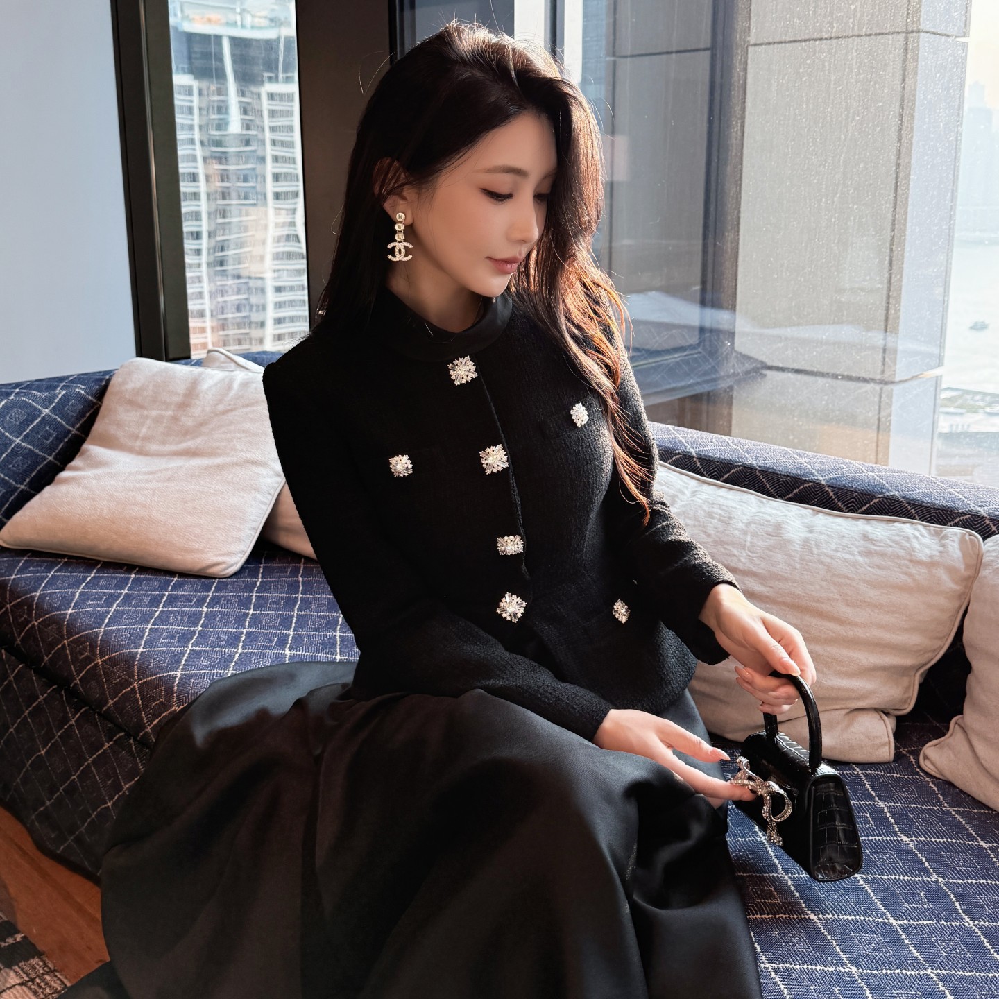 2025 Autumn Winter New Women's Black Tweed Patchwork Elegant Long Sleeve Small Stand Collar Dress Evening Gown_ecoleips.com