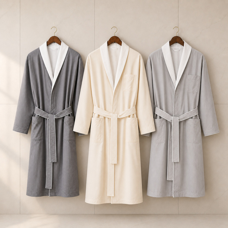 Hilton five-star hotel bathrobe, high-end double-layer gabardine robe, striped hotel bathrobe with custom logo