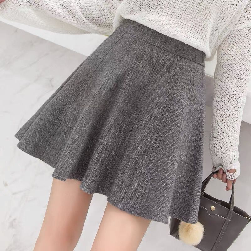 2022 High Waist Small Woolen Short Skirt Knitted A-line Skirt Women's New Autumn and Winter Pleated Umbrella Skirt Puff Skirt