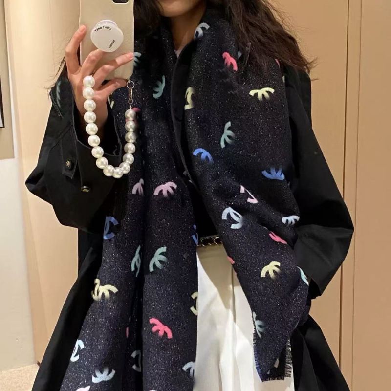 Cross-border in-stock colorful small fragrant gold-thread double-sided full-print double C letter scarf, autumn and winter cashmere warm rainbow scarf