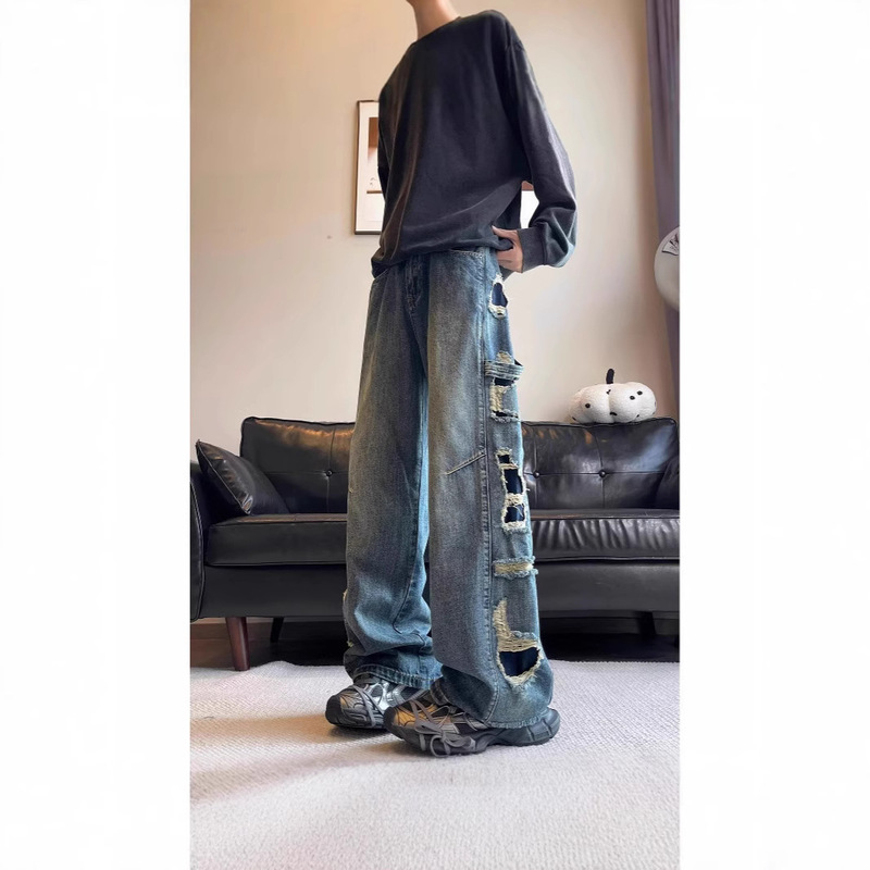 2024 New Autumn and Winter High-Waisted Washed Side Large Hole Wide-Legged Handsome and Slim Jeans for Men with a Full Sense of Distress 2024 New Autumn and Winter High-Waisted Washed Side Large Hole Wide-Legged Handsome and Slim Jeans for Men with a Full Sense of Distress