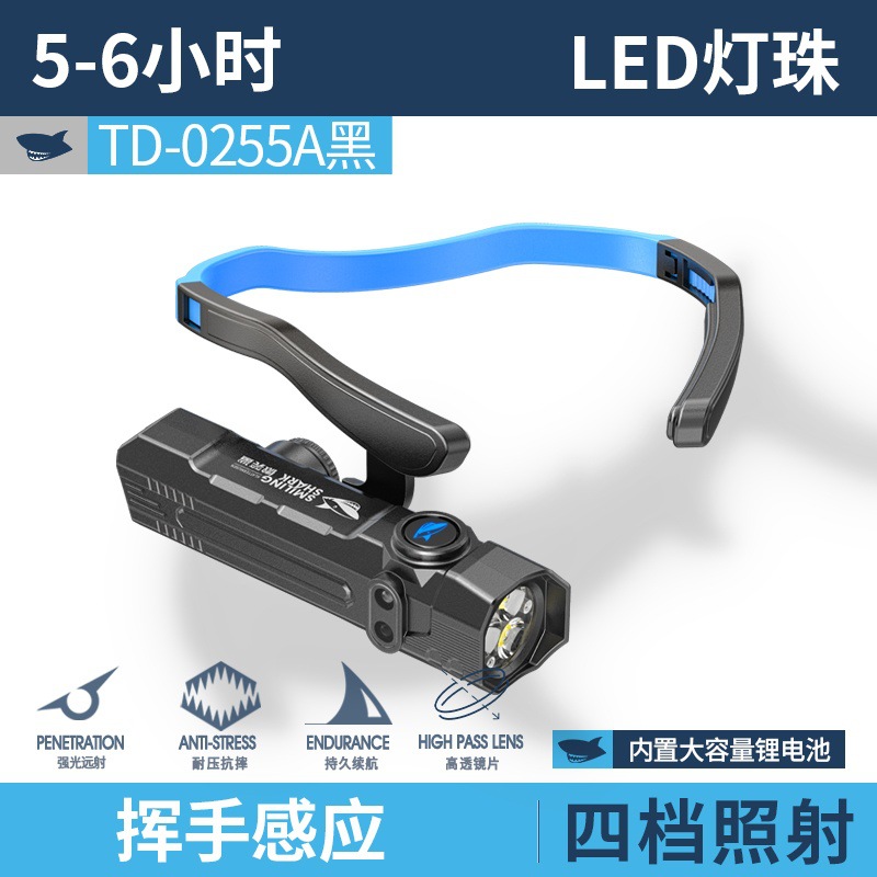 微笑鲨新款挥手感应便携可拆卸三灯珠户外照明头灯挂耳头戴工作灯