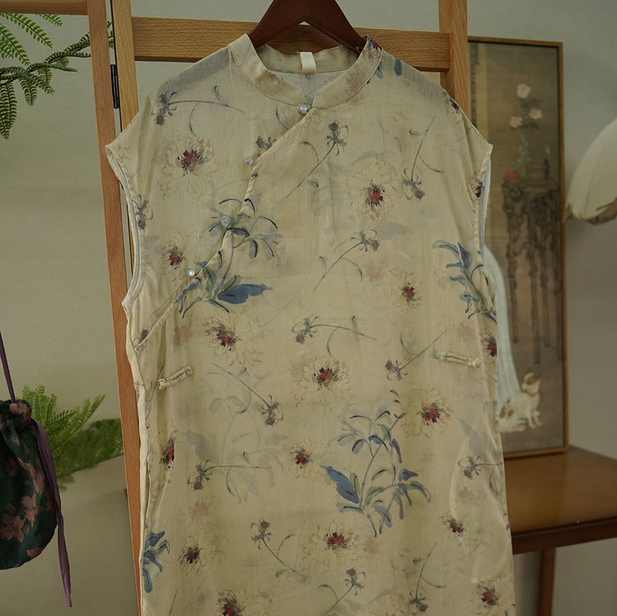 Summer Guofeng Ancient Rhyme Vertical Collar Short Sleeve Ramie Printed Single Layer dress Modified Cheongsam Skirt 014062