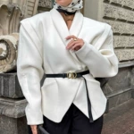 欧美跨境设计感收腰开叉挺阔长袖v领小西装外套女高级感毛呢大衣