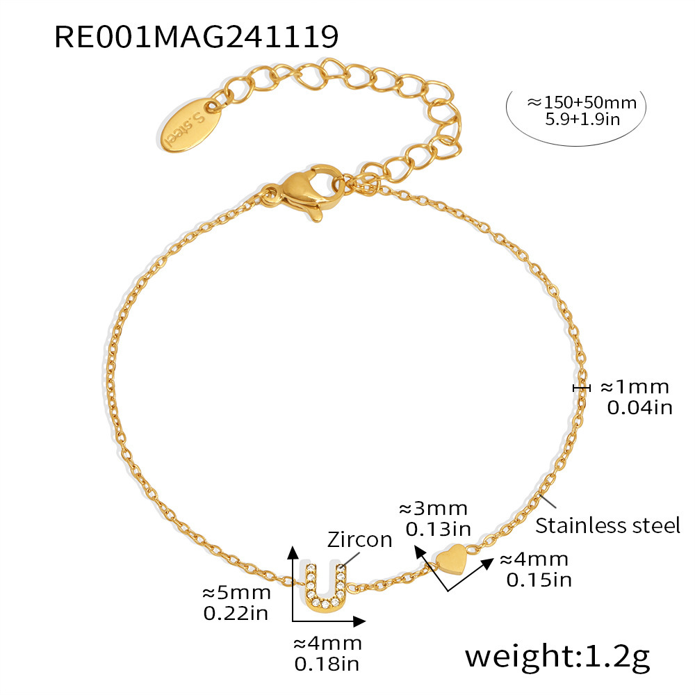 Qiong Yao Titanium Steel 26 letras con incrustaciones de circón Juego de joyas PVD chapado en oro real collar de retención de color pulsera anillo aretes