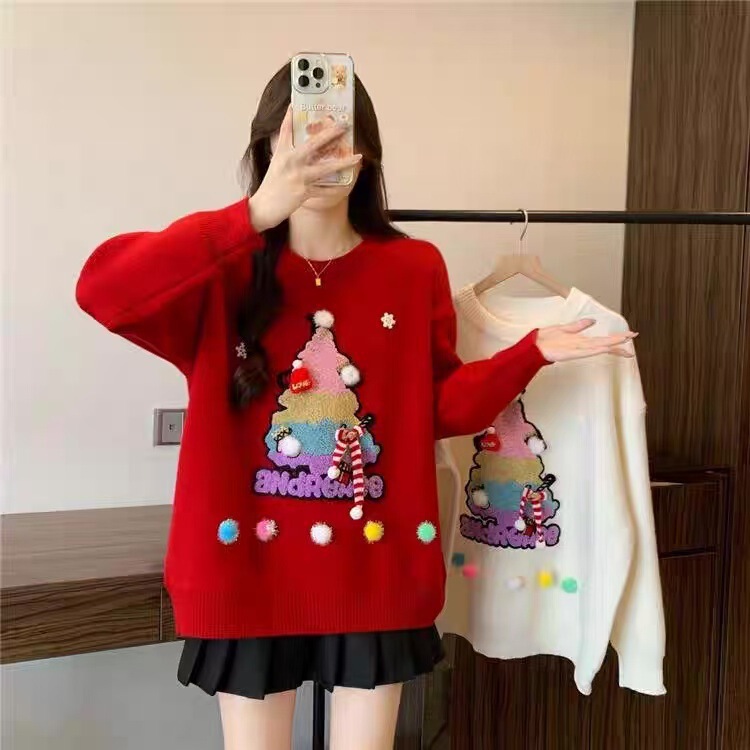 Amazon European and American Cross-Border Christmas Autumn and Winter New Cartoon Christmas Tree Versatile Knitwear Round Neck Red Knitwear for Women Amazon European and American Cross-Border Christmas Autumn and Winter New Cartoon Christmas Tree Versatile Knitwear Round Neck Red Knitwear for Women