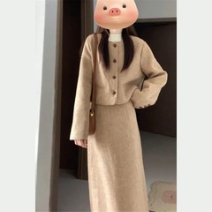 早秋韩系穿搭套装小香风高级感毛呢外套半身裙大方得体穿搭两件套
