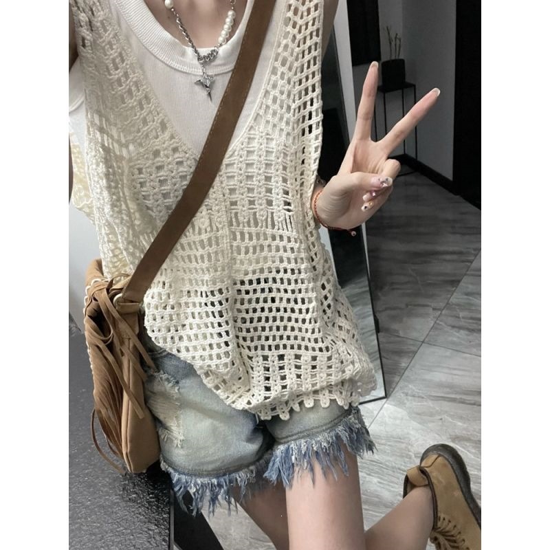 Three-piece set/single piece: New summer style hollowed-out crochet knitted vest for women + inner vest + denim shorts