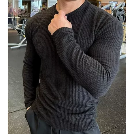 New Men's Simple Solid Color Bottoming Shirt American Fitness Spring and Autumn Sports Round Neck Pullover Fashionable Outdoor Long Sleeves