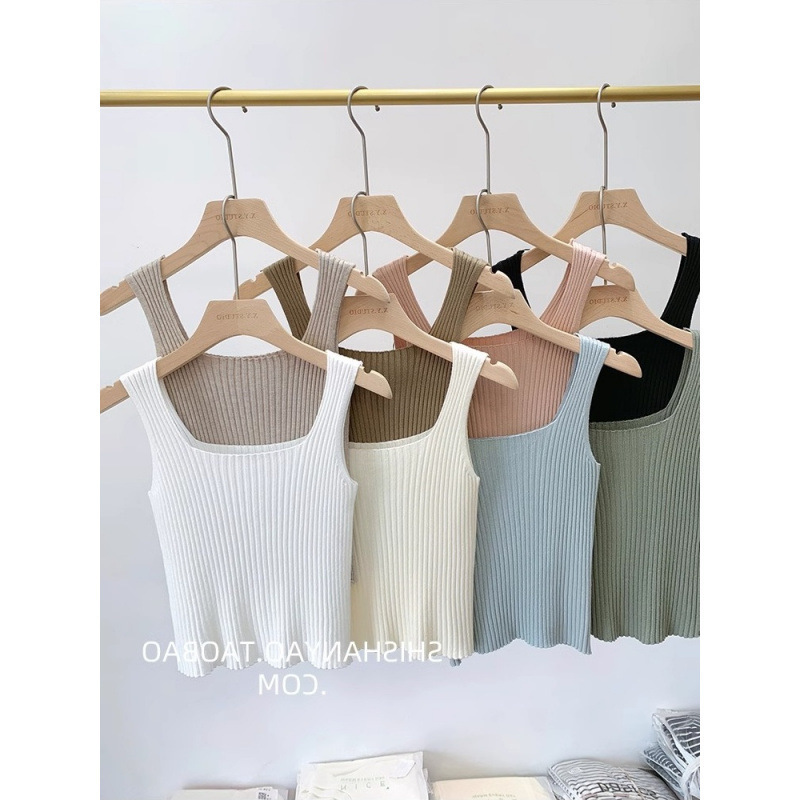 Square-Neck Knitted White Camisole for Women, Suitable as a Base Layer or Outerwear, with a Beautiful Back Design, Sleeveless Short Top