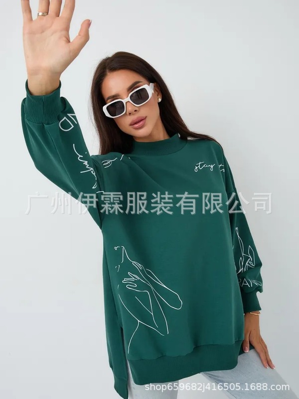 2025跨境欧美印花秋冬新款气质百搭开衩罗纹圆领长袖加绒卫衣女|undefined