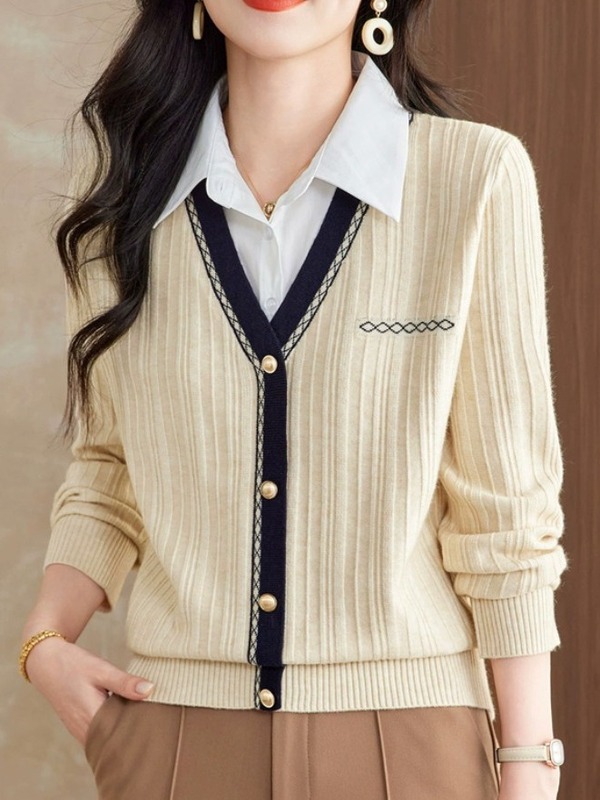 设计感小众衬衫领针织衫假两件上衣女2025春秋新款超好看漂亮毛衣|undefined