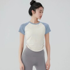 速干瑜伽服收腰撞色拼接收腰緊身顯瘦短袖女士戶外運動健身服上衣