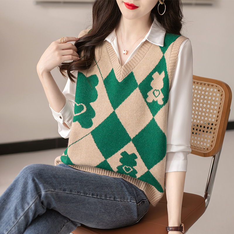 Retro rhombus cartoon age-reducing knitted vest vest for women with spring sweater vest top vest