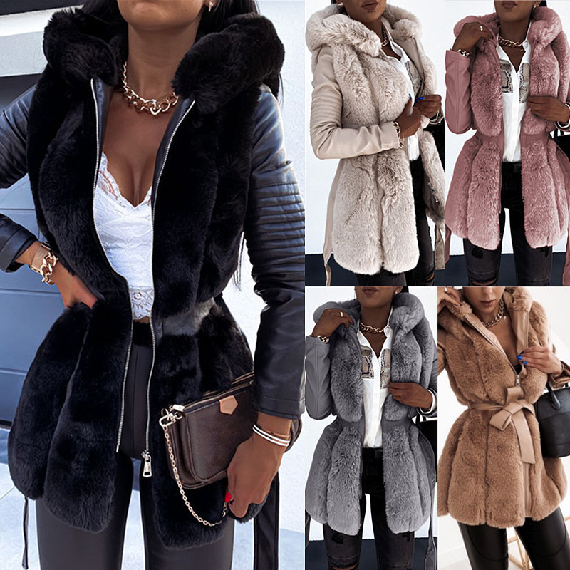 2025 Hot Selling New Fur Jacket Women's Belted Hooded Solid Color Zipper Jacket Women's Clothing Amazon
