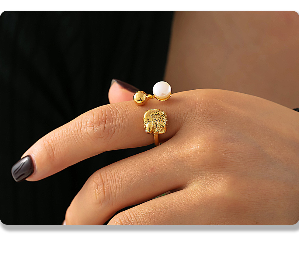 Quadratischer Zuckerring aus Titanstahl mit offener Öffnung und Imitationsperle, glatter, kugelförmiger, personalisierter Ring_voghion.com