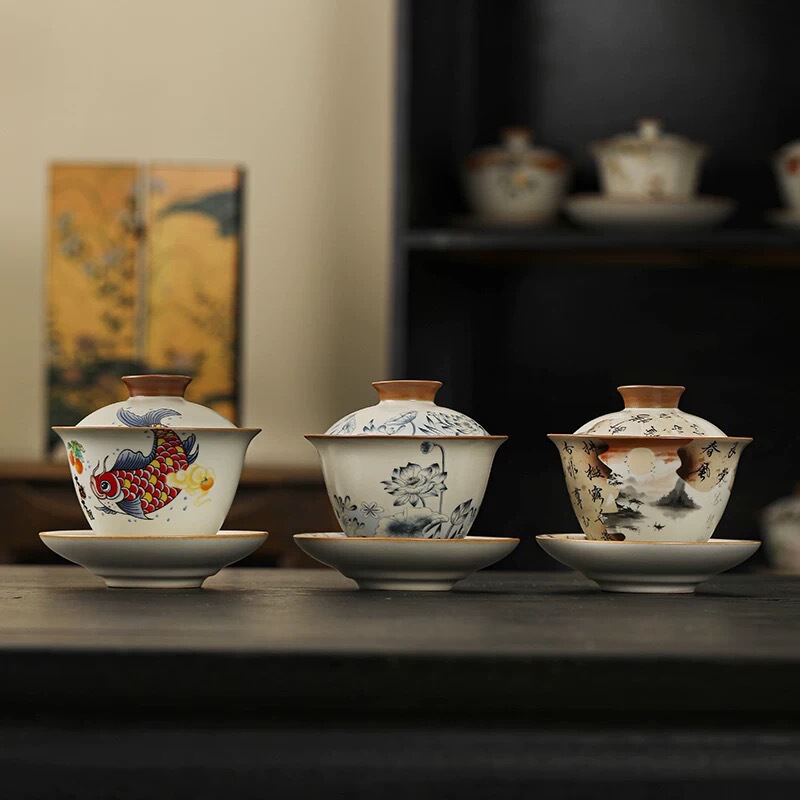 Beige Ru Kiln Sicai Cover Bowl Single Break Tea Bowl Not Hot High-end Kung Fu Tea Set Large small size Ceramic Cover Cup Beige Ru Kiln Sicai Cover Bowl Single Break Tea Bowl Not Hot High-end Kung Fu Tea Set Large small size Ceramic Cover Cup