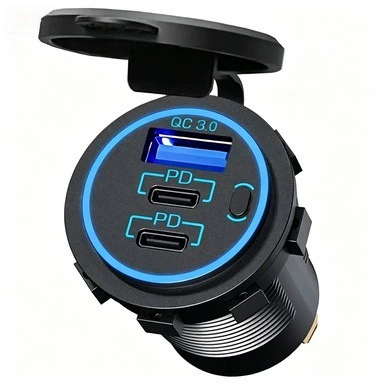 Motorcycle modified USB fast-charging car charger with waterproof cover, vehicle charging port, universal charger for cars and trucks (Mobil şarj cihazları) - cc134-blue-3-ports-physical-buttons-waterproof-cover-qcpd-30wpd30w