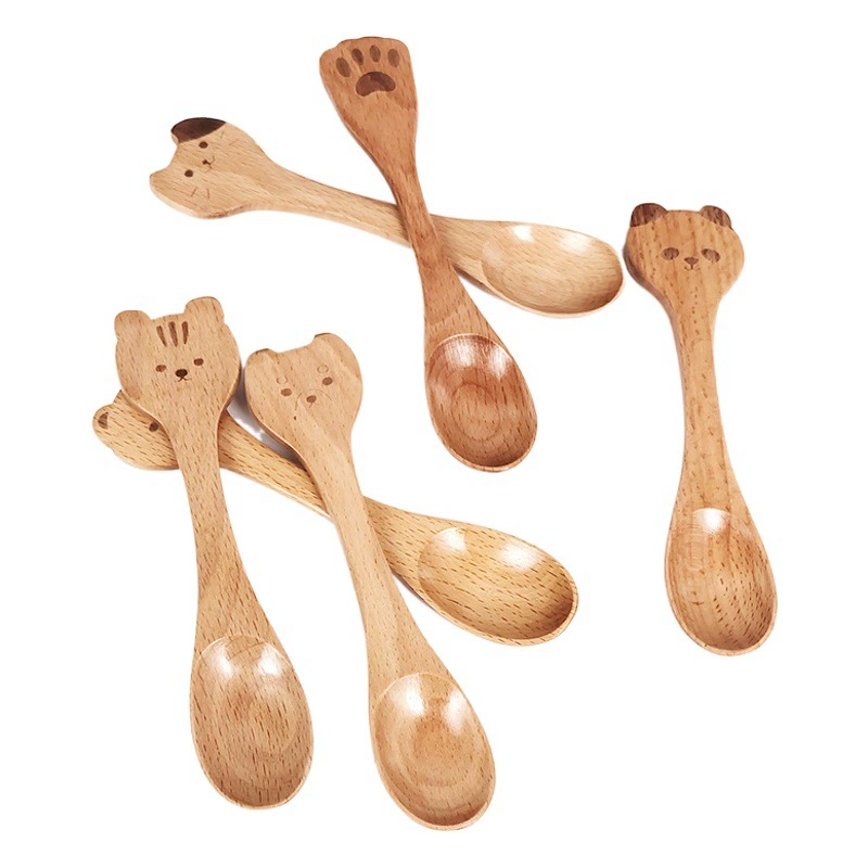 Детская деревянная ложка из бука, ложка для животных, креативная деревянная мультяшная ложка может быть обработана, деревянная ложка может быть выгравирована, логотип оптом