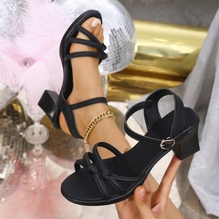 Cross-border plus size women's one-word buckle sandals spring and summer 2025 new one-word buckle open-toe high heel sandals for women