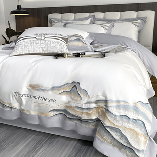 Light Luxury 100 Long-staple Cotton Four-piece Set Cotton Simple Embroidered Quilt Cover Cotton Bedding 4