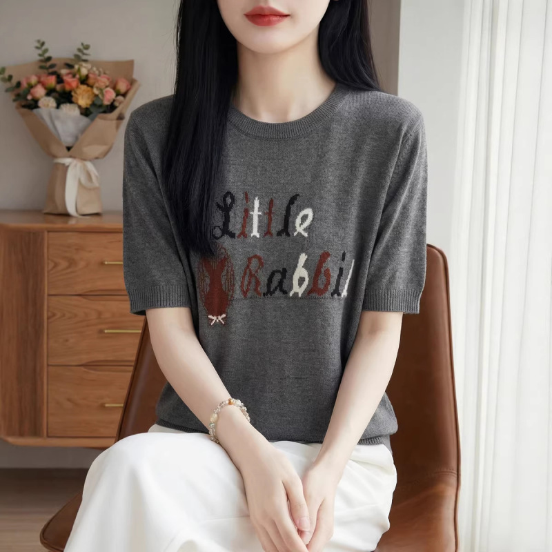 2026 Spring and Summer New Style Fine Wool Round Neck Knitwear Short-Sleeved Women's Rabbit Jacquard Loose Bottoming Shirt