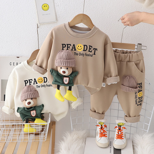 Children's Spring Outfit 2024 New Design Cartoon 3D Bear Sweatshirt Set for Little Boys Trendy Two-Piece Set