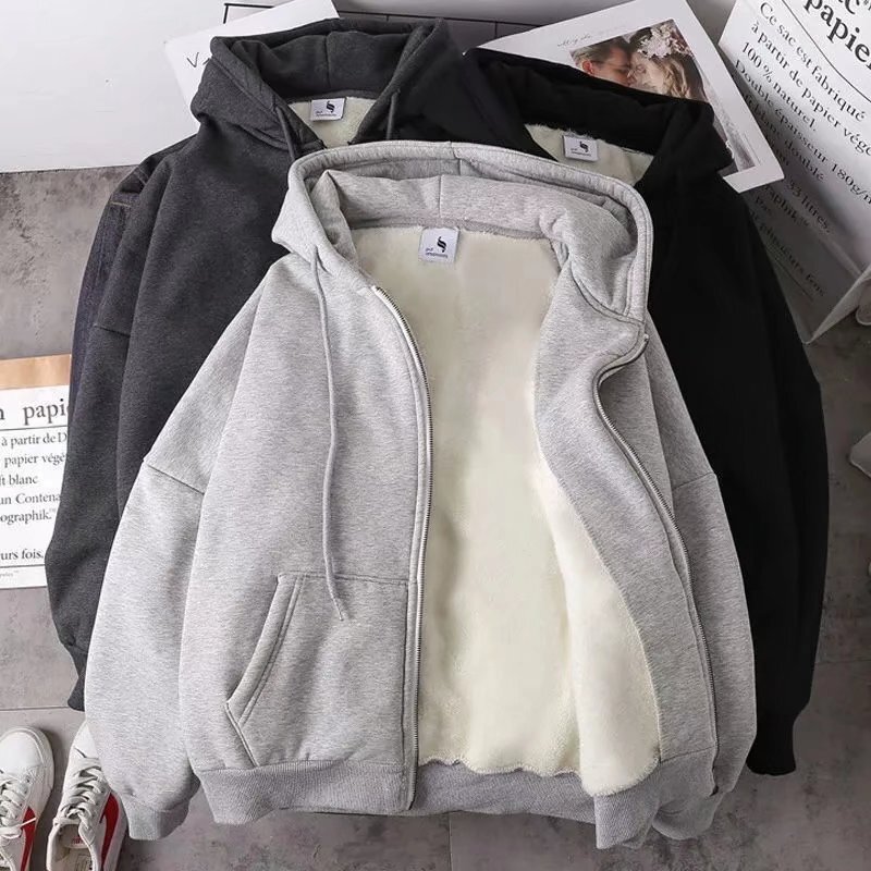 Zipper Black Sweater Couple Korean Casual Hoodie 2021 New Autumn and Winter Fleece Jacket Loose BF Hoodie