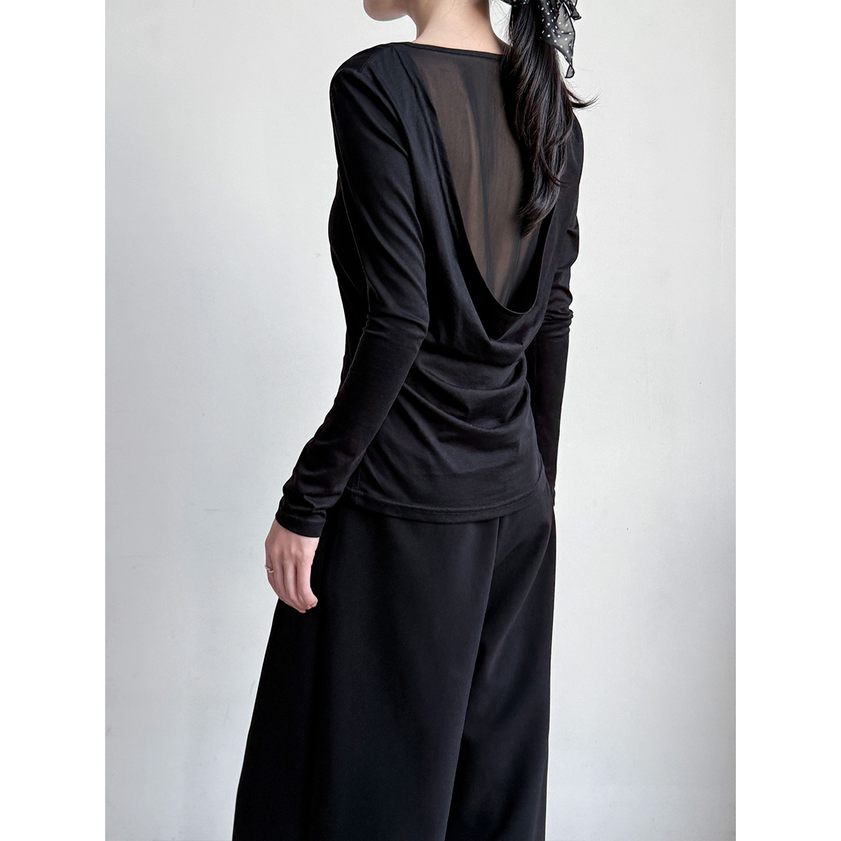 鹿西 微透露背荡领长袖T恤女2025夏季新款拼接网纱上衣罩衫2635