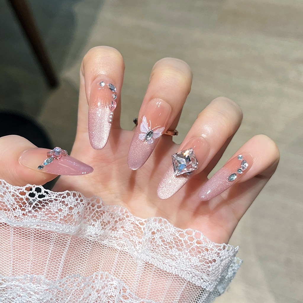 Uñas postizas hechas a mano estilo puro deseo, estilo ojo de gato francés largo, arte de uñas de Año Nuevo, piezas de uñas desmontables terminadas al por mayor. image 128
