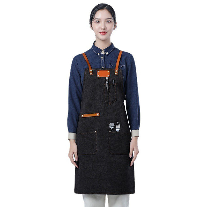 Delantal de lona gruesa estilo coreano nuevo suave pu cuero Cruz Correa barista ropa de trabajo Denim delantal al por mayor