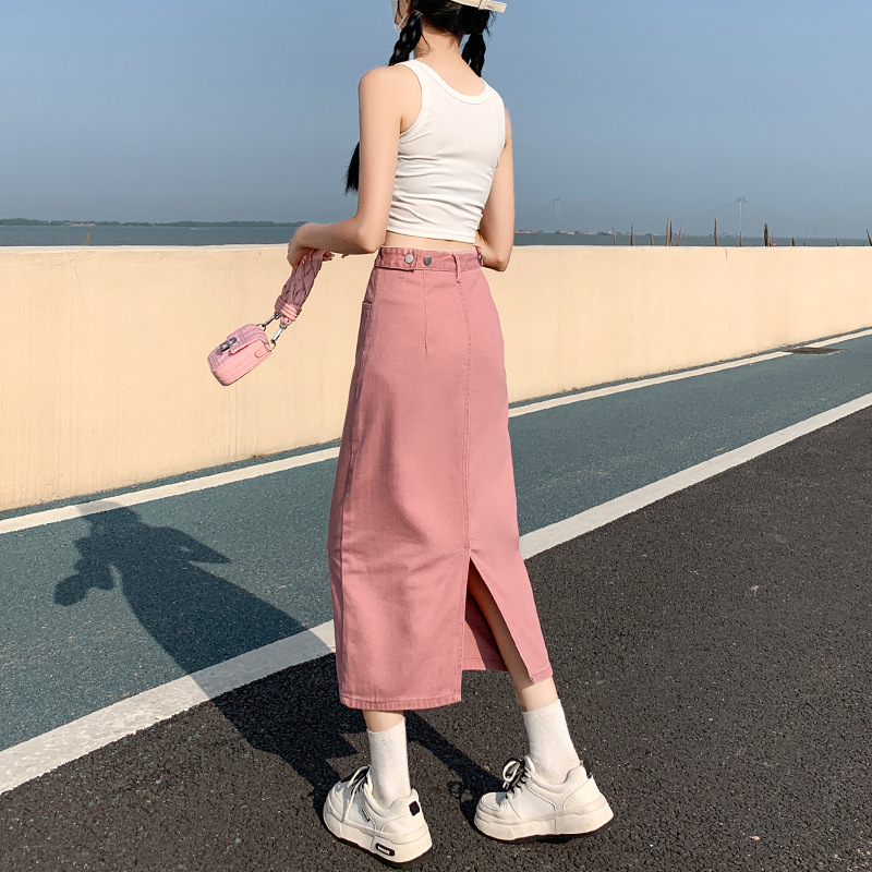 女性のためのハイウエストスリットデニムスカート 2025 新しい夏の小さな A ラインスカートレトロヒップカバーロングスカート|undefined