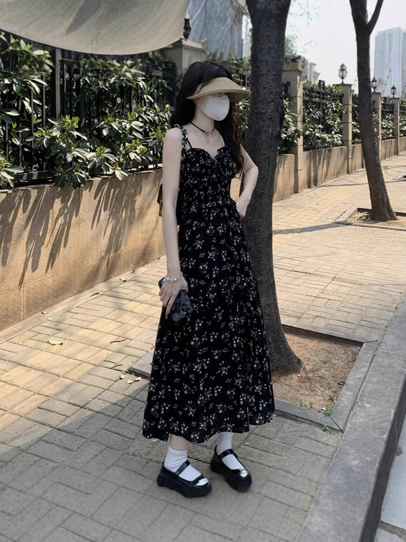 Đầm maxi nữ thắt eo xẻ tà dài phong cách trà chiều — đen