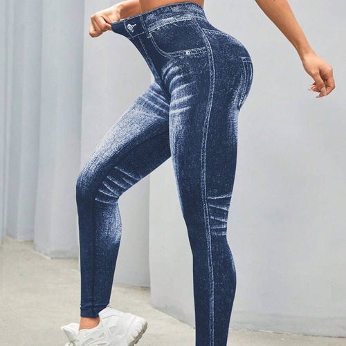 Euro-American Style Denim-Like High-Elastic Fitness Sport Pants, Seamless Back V-Neck Peach Hip Tapered Thigh Slimming Running Yoga Pants for Women