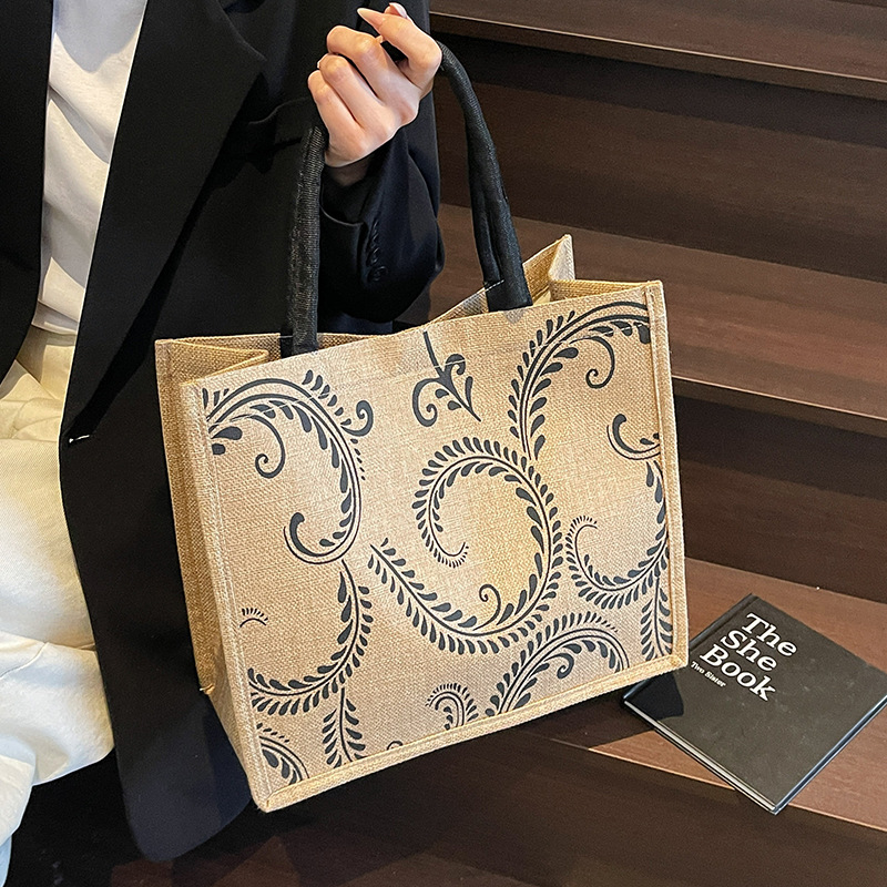 765g Weight Magnetic Buckle Closure Type Double Handle Strap Type Handbag Bags Type Casual, Holiday Occasion Hemp Material Geometric Pattern All Seasons Season Women's Gender Elegant, Vintage Style Style Square Shape Women's Hemp Geometric Elegant Vintage Style Square Magnetic Buckle Handbag 1