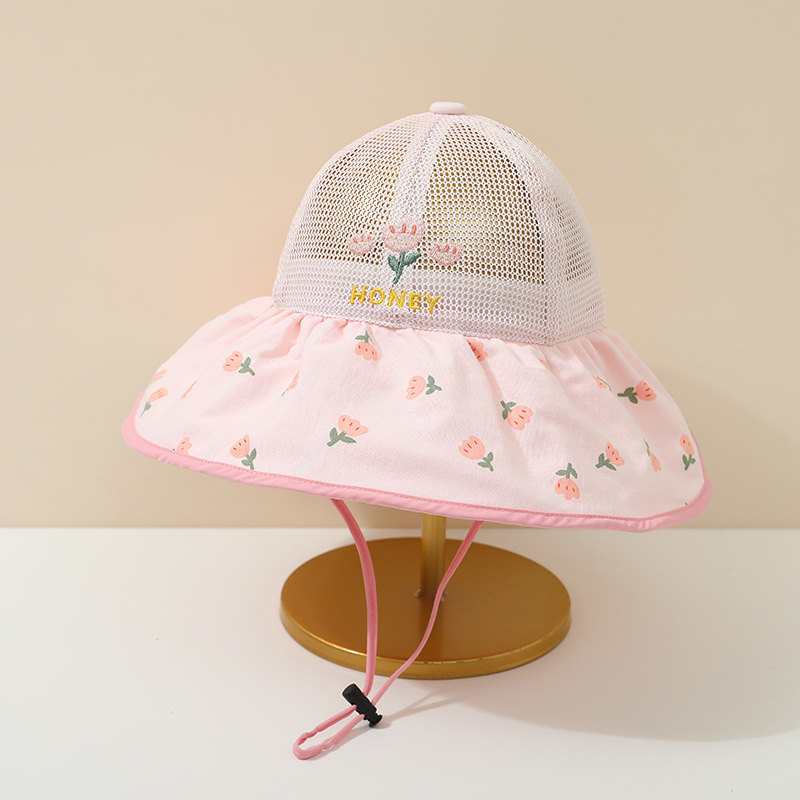 Sombrero para niños verano fino malla transpirable sombrero de ala grande sombrero de protección solar mujer bebé dulce flor sombrero de pescador