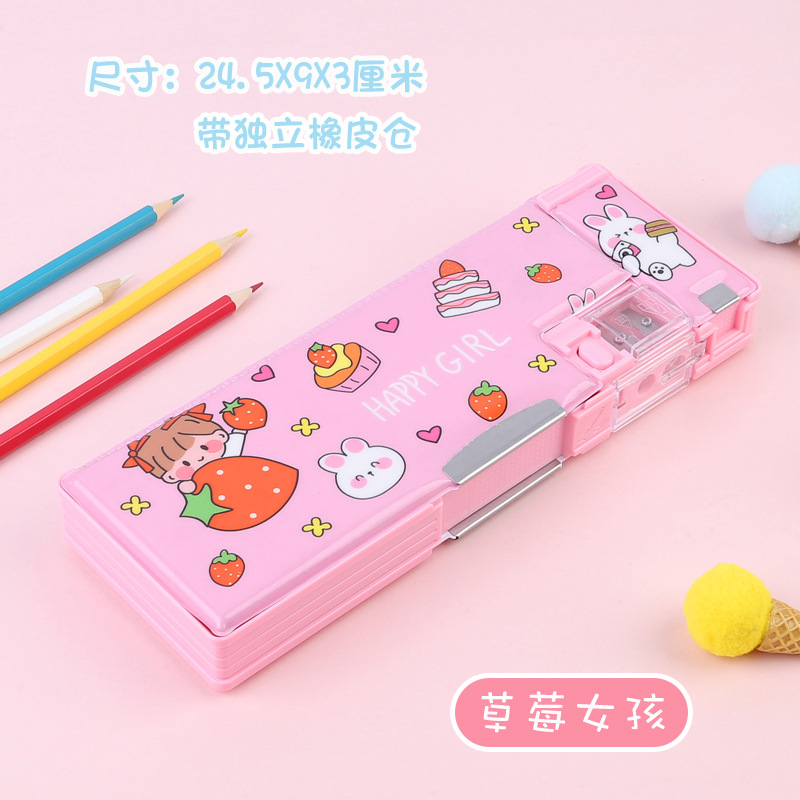 Caja de papelería con bloqueo de contraseña, botón multifunción, caja de lápices de gran capacidad de doble cara, dinosaurio, escuela primaria, niño, niña, jardín de infancia