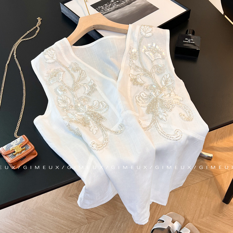 Chinese-Style Heavy Beaded Vest T-Shirt for Women 2025 New French Niche Design Loose New Chinese-Style Top Summer