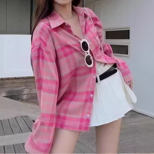 Magenta Grid Women's Mid-Long Sleeve Top Spring Summer Autumn New Loose Hong Kong Style Retro Blouse Jacket