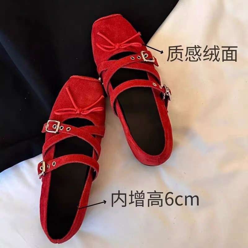 6cm Height-Increasing Women's Shoes Spring New Red French Ballet Shoes Feminine Cross-Strap Mary Jane Shoes