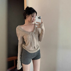 卡其色飘带v领长袖针织衫女秋季修身显瘦打底衫纯色chic百搭上衣