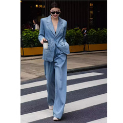 深圳南油老钱风套装女2025年秋季新款牛仔蓝西服外套阔腿裤两件套