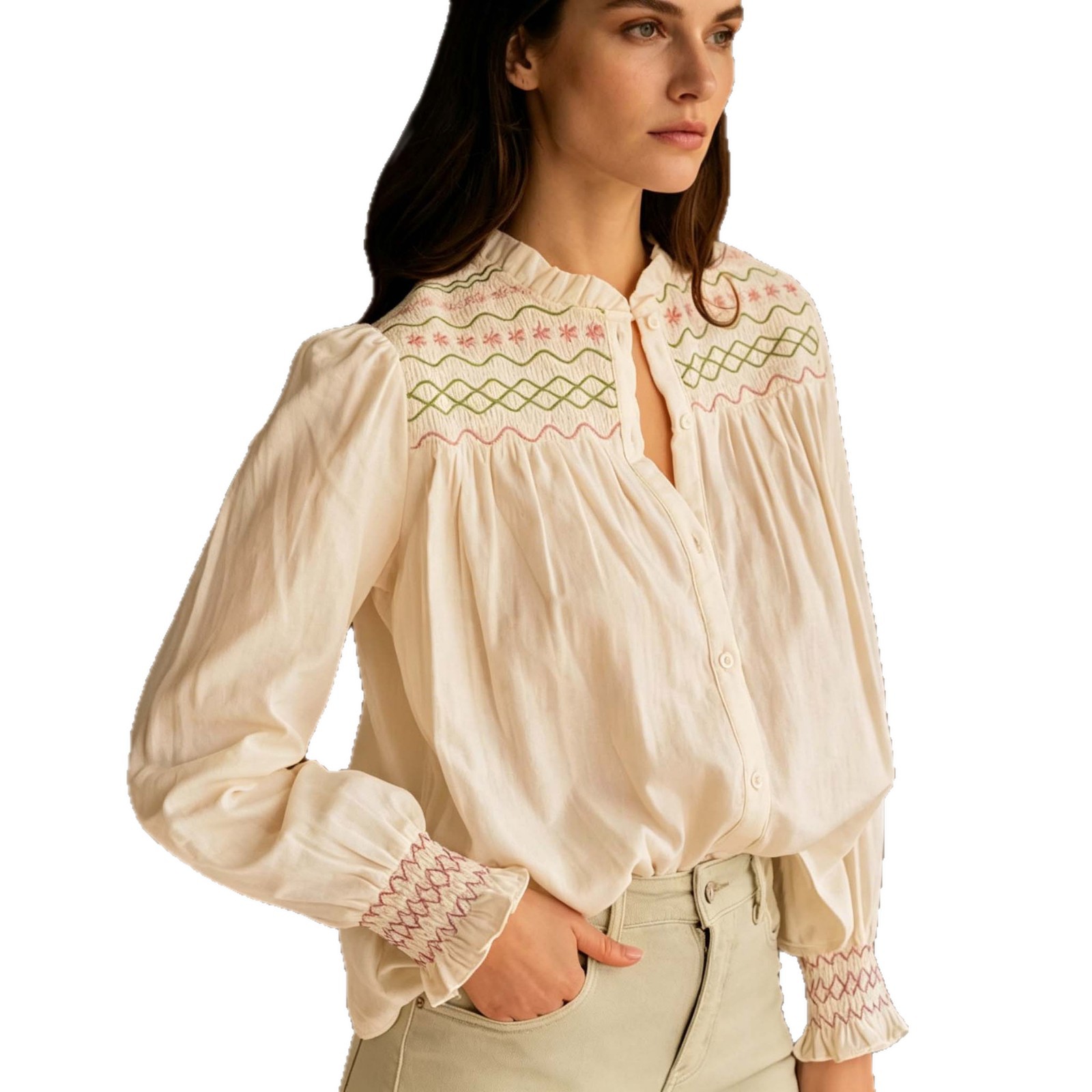 Comercio exterior de mujeres europeas y estadounidenses camisa de manga larga francesa estilo retro bordado collar de nicho camisa de diseño de ropa image 6