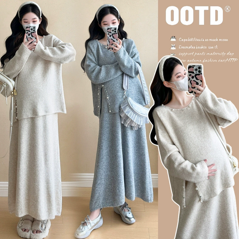 Одежда для беременных осеннее и зимнее платье набор женский 2024 новый дизайн чувство топ свитер юбка бюст набор из двух частей