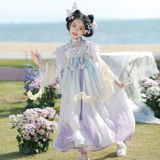 春秋新款汉服儿童长袖古装改良国风唐装小女孩超仙古装连衣裙春季