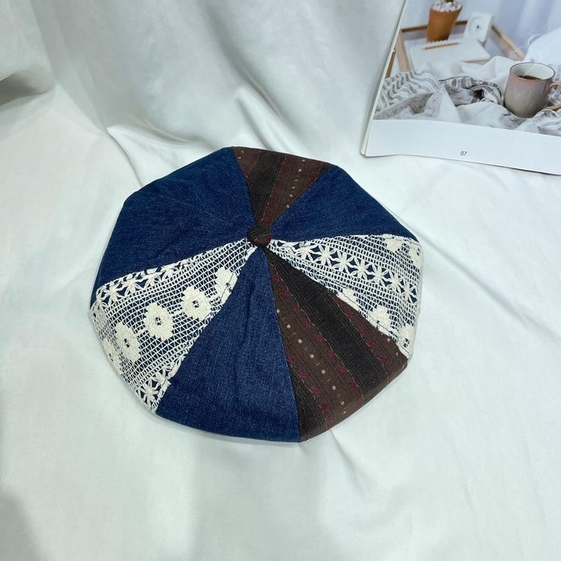 小众设计蕾丝拼接牛仔贝雷帽女时尚复古画家南瓜帽显脸小蓓蕾帽子|undefined