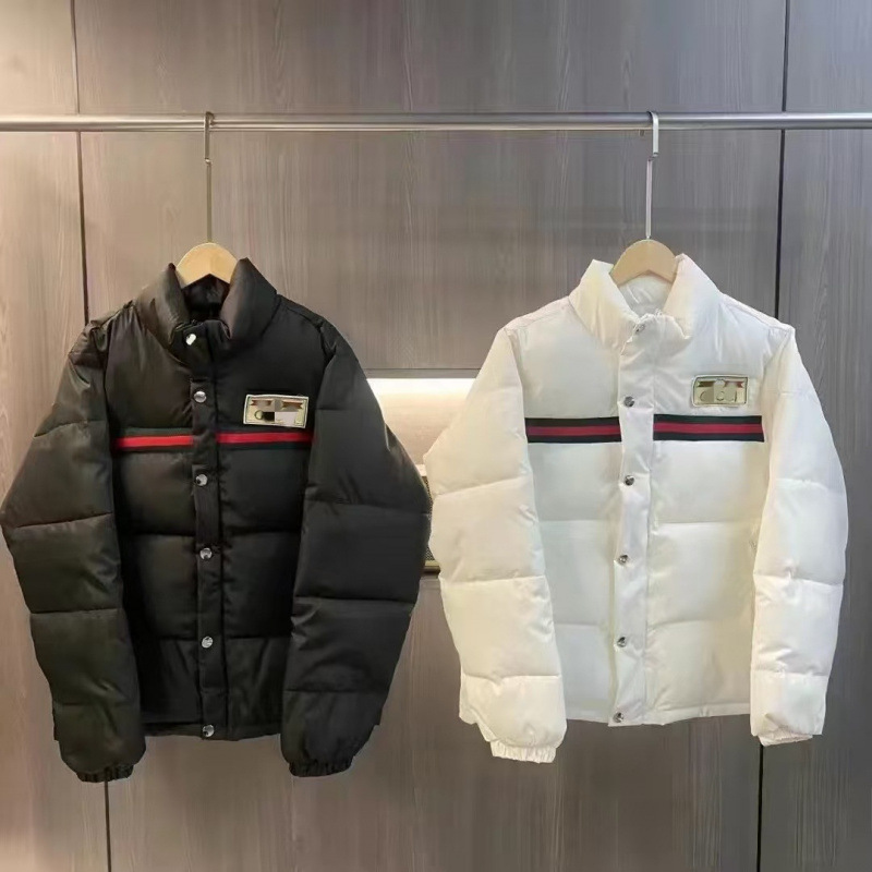 New winter version of the down jacket with fashionable badges, colorful stripes, and lettering, trendy thickened warm men's stand-up collar coat