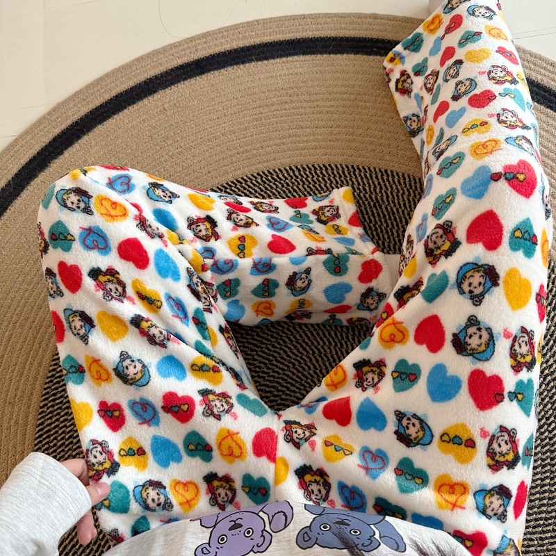 Pantalones de pijama de franela de dibujos animados de otoño y invierno para mujeres con pantalones de lana de coral caliente para estudiantes de lana de invierno para el hogar
